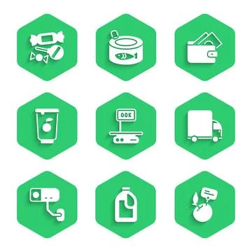 Set Electronic scales, Bottle for cleaning agent, Supermarket food products.. Stock Illustration