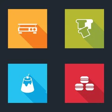 Set Electronic scales, Bread toast, Pudding custard and Macaron cookie icon Illustrazione stock