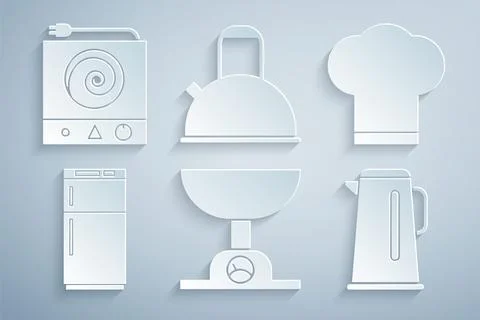 Set Electronic scales, Chef hat, Refrigerator, Kettle with handle, and Electric Illustration