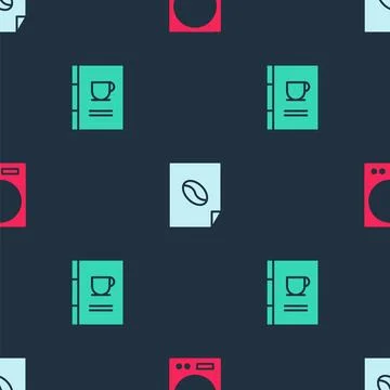 Set Electronic scales, Coffee poster and book on seamless pattern. Vector Stock Illustration