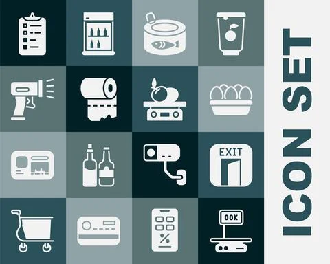 Set Electronic scales, Fire exit, Chicken egg in box, Canned fish, Toilet paper Illustrazione stock