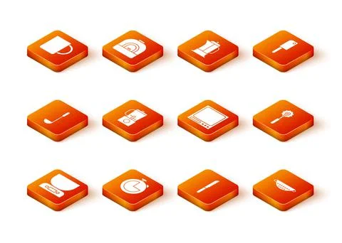 Set Electronic scales, Kitchen timer, ladle, Blender, Bread knife, colander and Stock Illustration