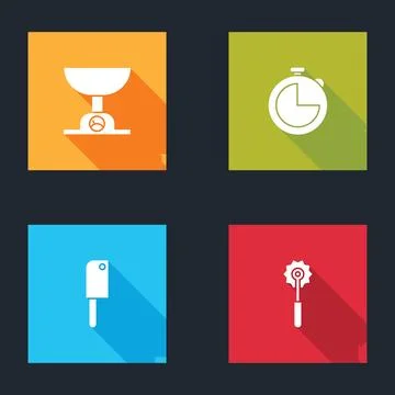 Set Electronic scales, Kitchen timer, Meat chopper and Pizza knife icon. Vect Stock Illustration