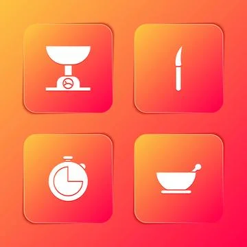 Set Electronic scales, Knife, Kitchen timer and Mortar and pestle icon. Vector イラスト素材