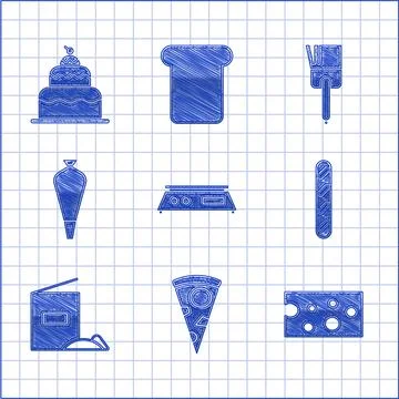 Set Electronic scales Slice of pizza Cheese French baguette bread Flour pack  Stock Illustration