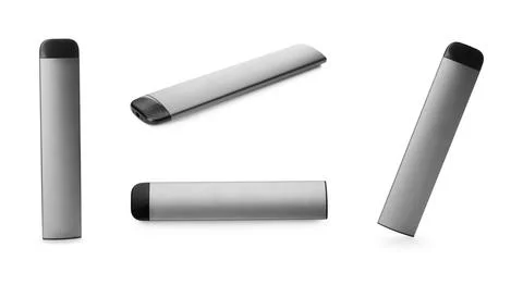 Set with electronic smoking devices on white background Stock Photos
