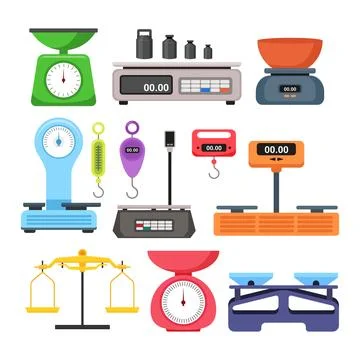 Set of electronic weight scales set collection, mechanical store measuring,.. Stock Illustration