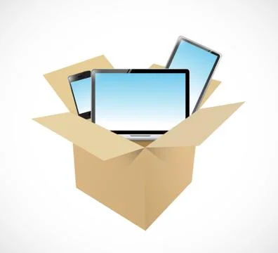 Set of electronics inside a box. Illustrazione stock