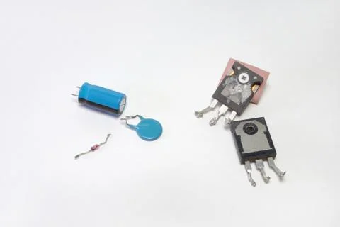 Set of electronics: transistors, capacitors, diode Stock Photos