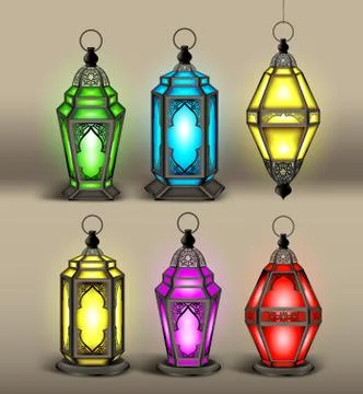 Set of Elegant Arabic or Islamic Lantern or Fanous With Colorful Lights Stock Illustration