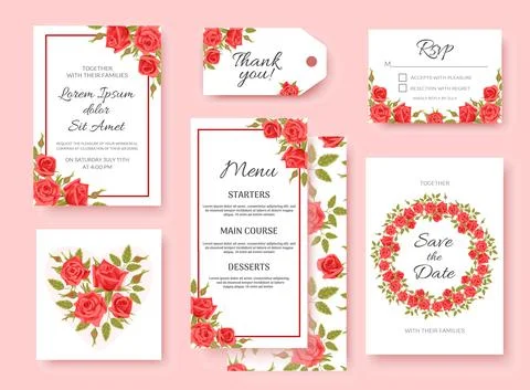 A set of elegant bright templates for the wedding. Red roses. For invitation Stock Illustration