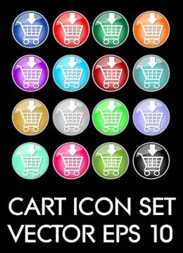 Set of elegant cart icons, circle glass button in different color variants, f Stock Illustration