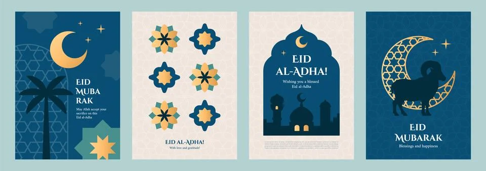 Set of elegant Eid al-Adha greeting cards featuring crescent moon, stars, mosque Stock Illustration