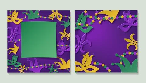 A set of elegant frames with carnival masks, beads, confetti, fleur de lis. Stock Illustration