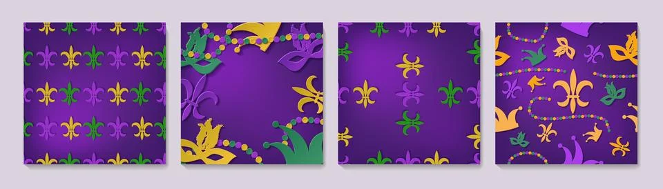 A set of elegant frames with carnival masks, beads, confetti, fleur de lis. Illustrazione stock