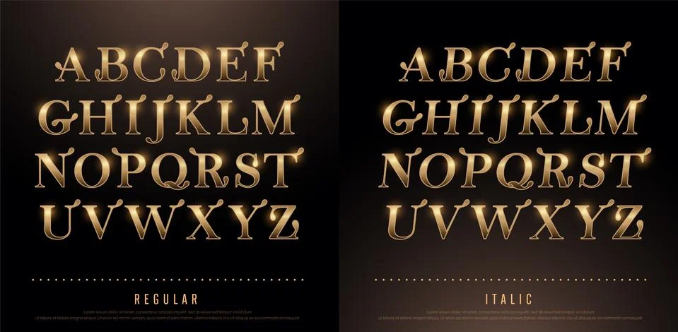 Set of Elegant Gold Colored Metal Chrome alphabet uppercase font. Typography Stock Illustration