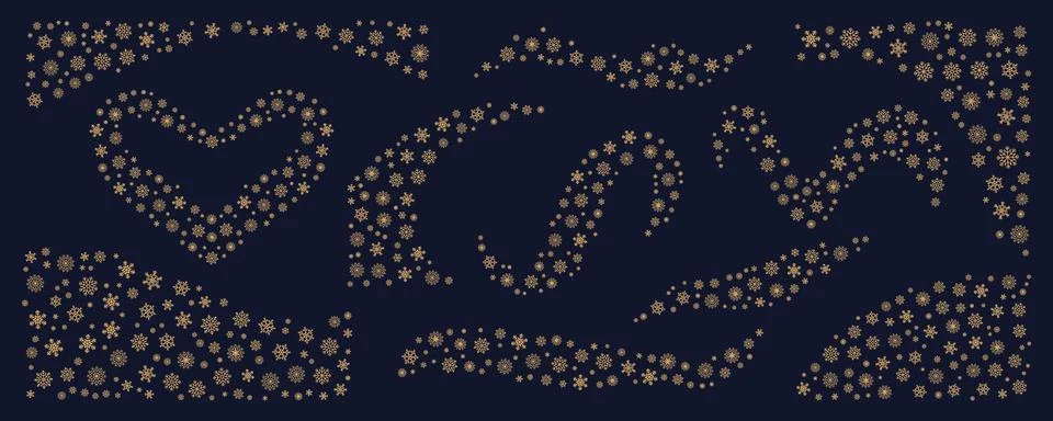 Set of elegant gold snowflake borders, decorative corners, wave dividers an.. Stock Illustration