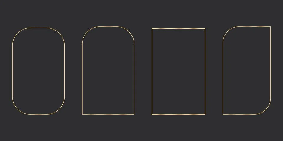 Set elegant golden thin line frames different shapes on the dark background Stock Illustration