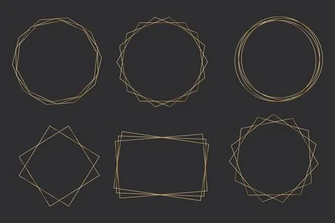 Set elegant golden thin line frames different shapes on the dark background Stock Illustration