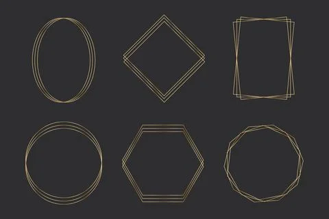 Set elegant golden thin line frames different shapes on the dark background Stock Illustration