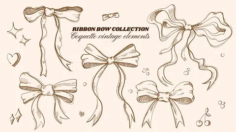 Set of elegant hand drawn ribbon bows, vintage sketchy style Stock Illustration