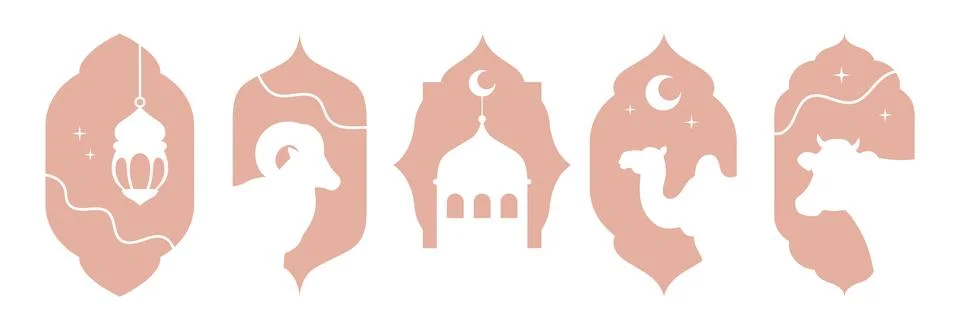 Set of elegant Islamic window shapes with Eid al Adha symbols: lantern, ram Illustrazione stock