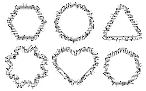 Set of elegant musical staff frames shaped as circle, triangle, hexagon, he.. Illustrazione stock