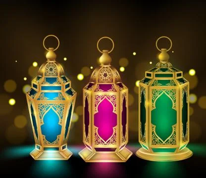 Set of Elegant Ramadan Kareem Lantern or Fanous in Gold Stock Illustration