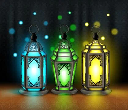 Set of Elegant Ramadan Kareem Lantern or Fanous With Colorful Lights Stock Illustration