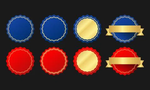 Set of Elegant Red and Blue Round Labels with Golden Accents for Premium Pr.. Stock Illustration