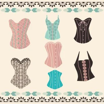 Set elegant retro style corsets. Collection of fashion lingerie Stock Illustration