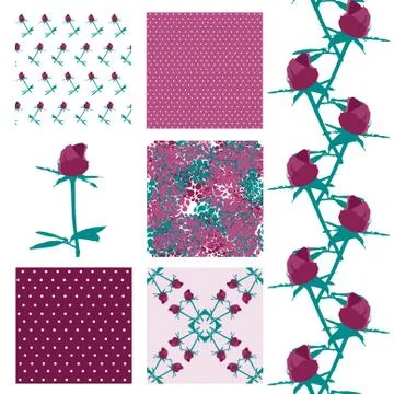 Set of elegant seamless patterns with decorative violet roses, design elements イラスト素材