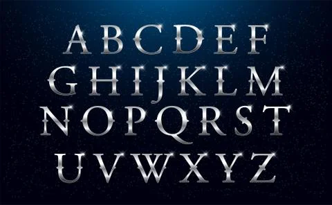 Set of Elegant silver Colored Metal Chrome alphabet font Stock Illustration