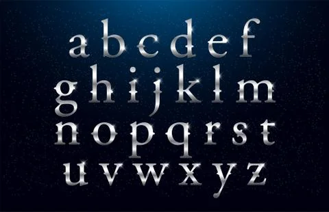 Set of Elegant Silver Colored Metal Chrome alphabet Lowercase font Stock Illustration