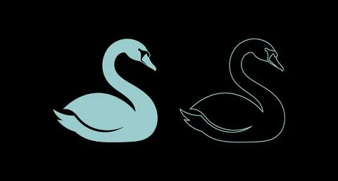 Set of elegant swan illustrations in solid light blue and outline styles Stock Illustration