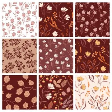 Set of elegant textile, wallpaper seamless pattern with flowers and herbs Stock Illustration