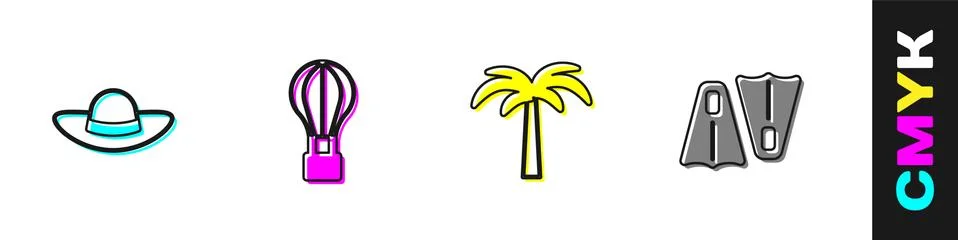 Set Elegant women hat, Hot air balloon, Tropical palm tree and Rubber flippers 스톡 일러스트