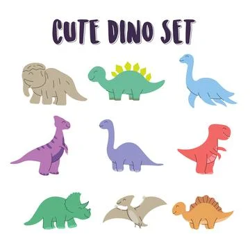 Set of element cute dino coloring. dinos set, happy cute colorful dinosaurs Stock Illustration