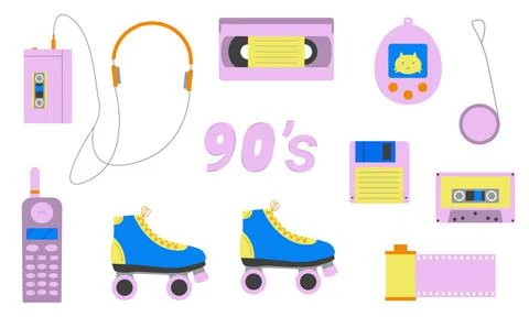 Set of elements of the 80s and 90s. Classic objects of the past decades. Flat Illustrazione stock