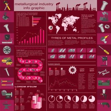 Set of elements and tools of metallurgical industry for creating infograpics. Illustrazione stock