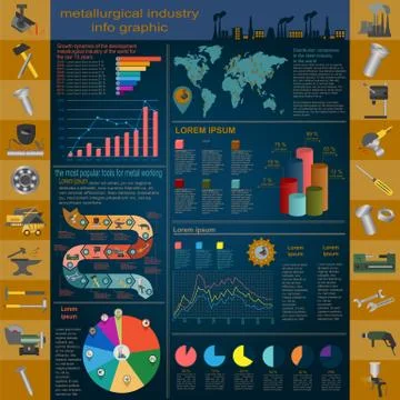 Set of elements and tools of metallurgical industry for creating infograpics. Stock Illustration
