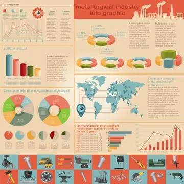 Set of elements and tools of metallurgical industry for creating infograpics. Stock Illustration