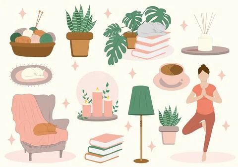 A set of elements of an armchair with a blanket, yoga, floor lamp, house pl.. Illustrazione stock