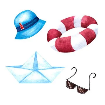 A set of elements of a beach holiday. Painted in watercolor, isolated on a white Stock Illustration