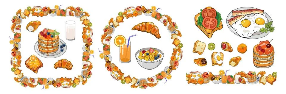 Set of elements for Breakfast on white background Stock Illustration