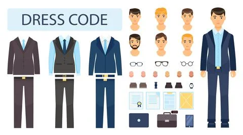 Set of elements businessman, dresscode, suits, eyeglasses, types of character Illustrazione stock