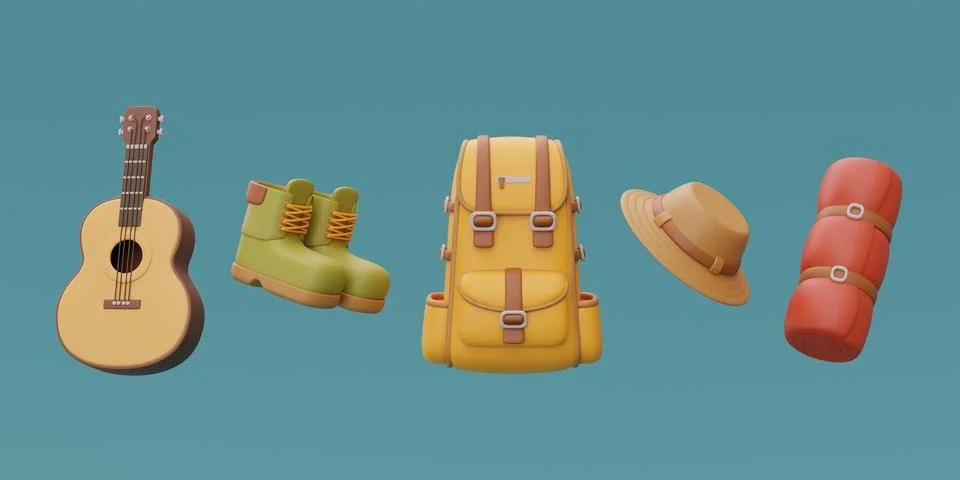 Set of elements for camping with backpack, guitar, hiking shoes and hat, summ Stock Illustration