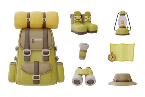 Set of elements for Camping, backpack, hiking shoes, lantern, map and compass Stock Illustration