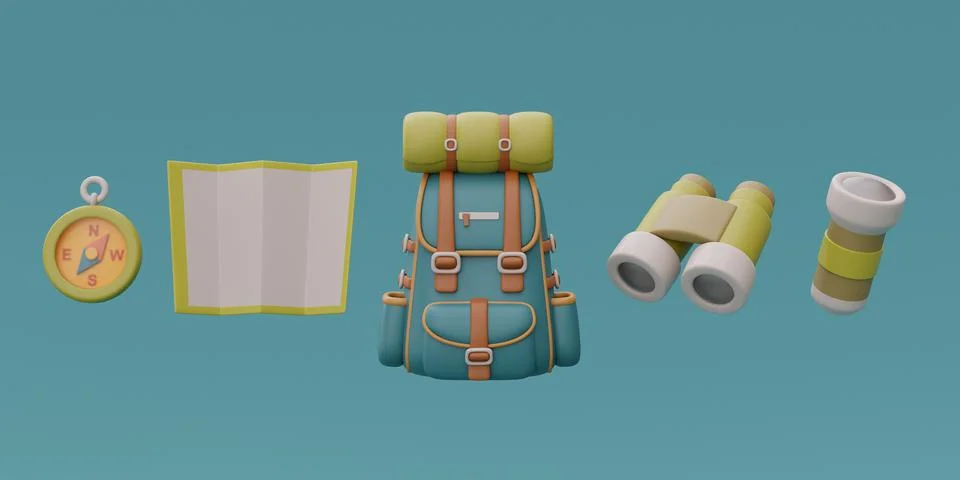 Set of elements for camping with backpack, map, compass, binoculars and flash Stock Illustration