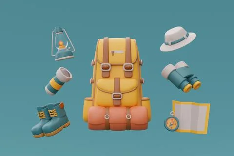 Set of elements for camping with backpack, map, compass, binoculars and flash Stock Illustration
